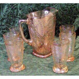 7 Pc Set Vintage Floragold Iridescent Jeannette Glass Louisa Pitcher 6 Tumblers